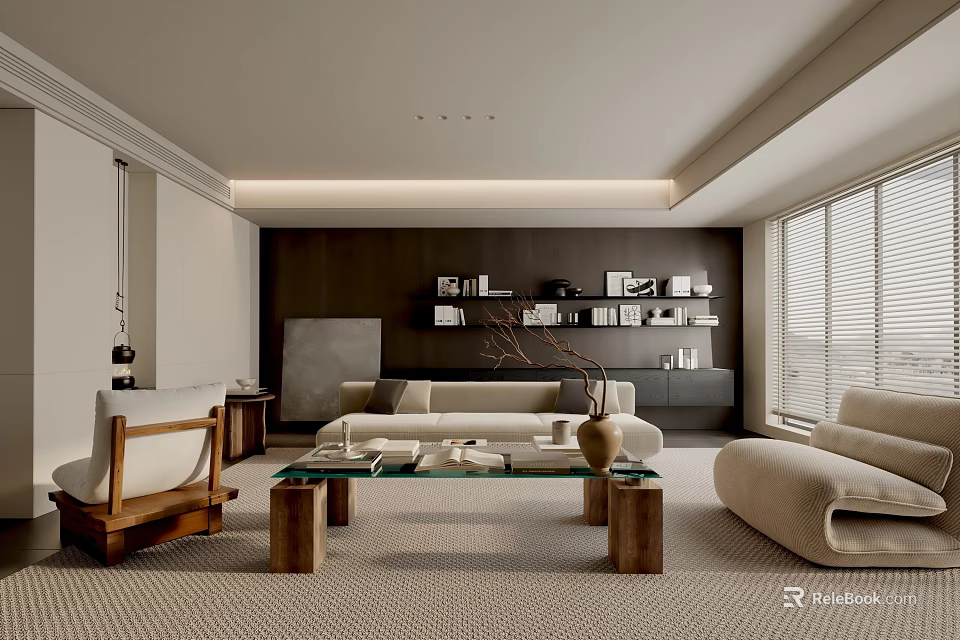 Modern Living Room Interior With Sofa Coffee Table Wooden Chairs Bookshelf Windows Blinds And Rug 3d model 