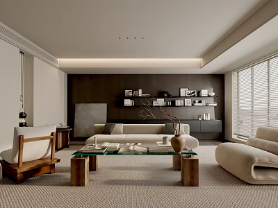 Modern Living Room Interior With Sofa Coffee Table Wooden Chairs Bookshelf Windows Blinds And Rug 3d model