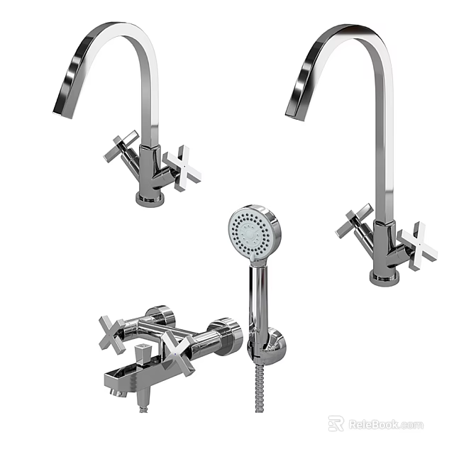Chrome Bathroom Faucet Set With Modern Design Shower Head And Handles 3d model 
