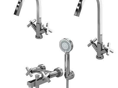 Chrome Bathroom Faucet Set With Modern Design Shower Head And Handles 3d model