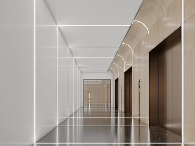 Modern Elevator Hallway Interior Design With Wooden Walls Sleek Floor And Lighting 3d model