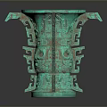 Ancient Turquoise Bronze Carved Sculpture With Intricate Patterns And Symmetrical Design