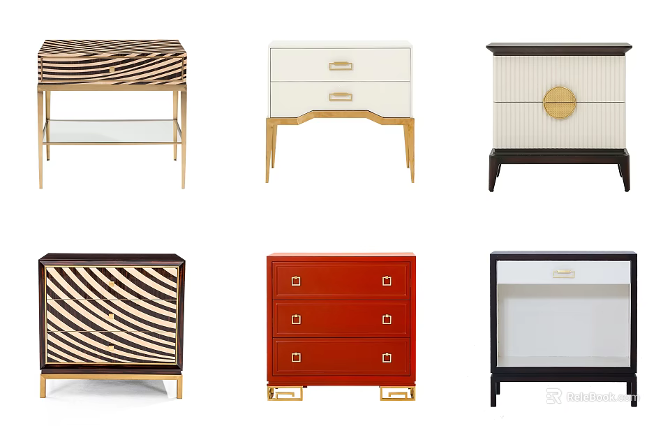 Multiple Stylish Nightstands With Various Designs Striped Patterns And Gold Legs 3d model 