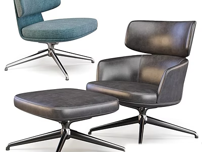 Modern Accent Chairs with Light Blue Fabric Dark Gray Leather Metal Star Base and Ottoman 3d model