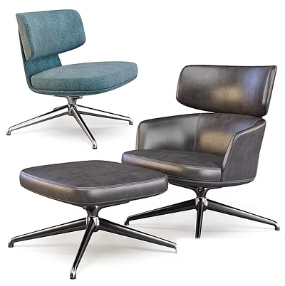 Modern Accent Chairs with Light Blue Fabric Dark Gray Leather Metal Star Base and Ottoman 3d model