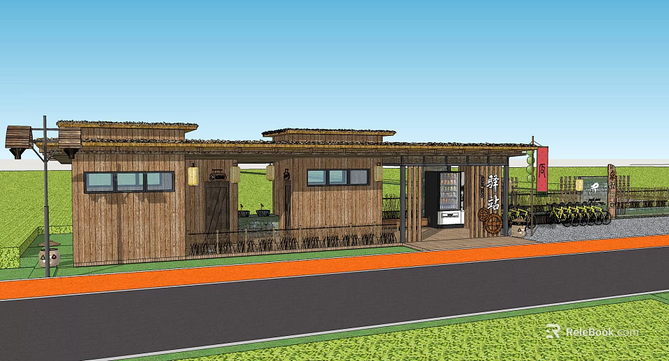 Traditional Wooden Post Station Exterior With Roof Windows And Roadside Grass 3d model 