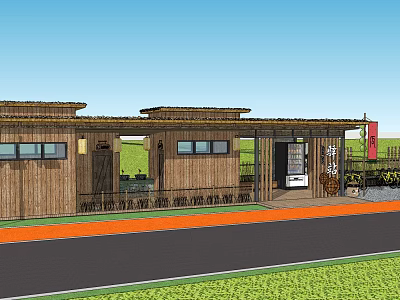 Traditional Wooden Post Station Exterior With Roof Windows And Roadside Grass 3d model