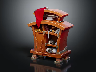 Vintage Wooden Entryway Console Cabinet With Carved Details Red Cloth And Scrolls 3d model