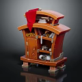 Vintage Wooden Entryway Console Cabinet With Carved Details Red Cloth And Scrolls