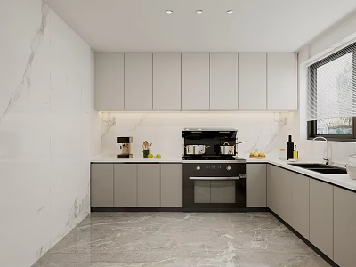 Modern Kitchen Interior With Marble Walls And Floor Gray Cabinets Countertop And Appliances 3d model