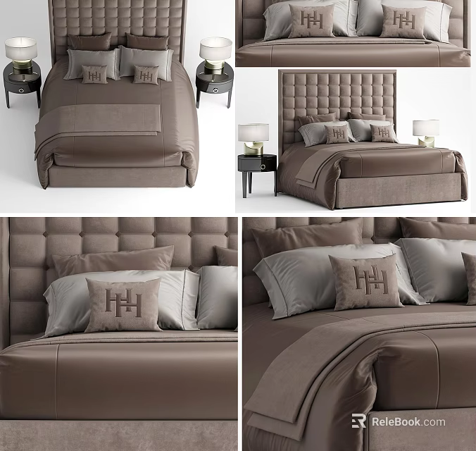 Modern Double Bed With Tufted Headboard Pillows Nightstands And Table Lamps 3d model 