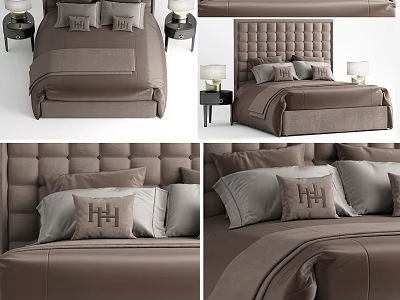Modern Double Bed With Tufted Headboard Pillows Nightstands And Table Lamps 3d model