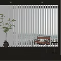 White Vertical Blinds in Modern Room with Potted Plant Wooden Bench and City View