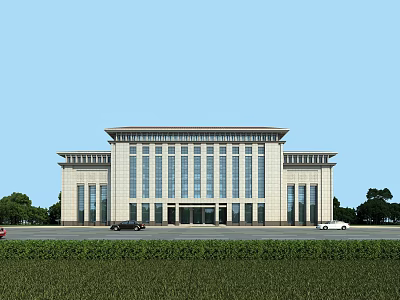 Modern Office Building With Large Glass Windows Stone Exterior Symmetrical Design And Front Greenery 3d model