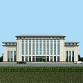 Modern Office Building With Large Glass Windows Stone Exterior Symmetrical Design And Front Greenery