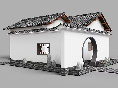 Traditional Style Public Toilet With Tiled Roof Circular Archway And White Walls 3d model