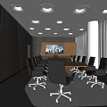 Modern Conference Room Interior With Circular Ceiling Lights White Table Large Windows And Black Chairs