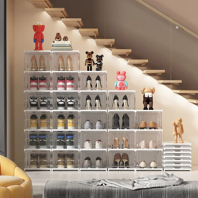 Shoe Cabinet with Clear Storage Boxes for Shoes and Toy Bears on Staircase Background 3d model 