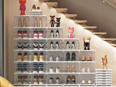 Shoe Cabinet with Clear Storage Boxes for Shoes and Toy Bears on Staircase Background 3d model