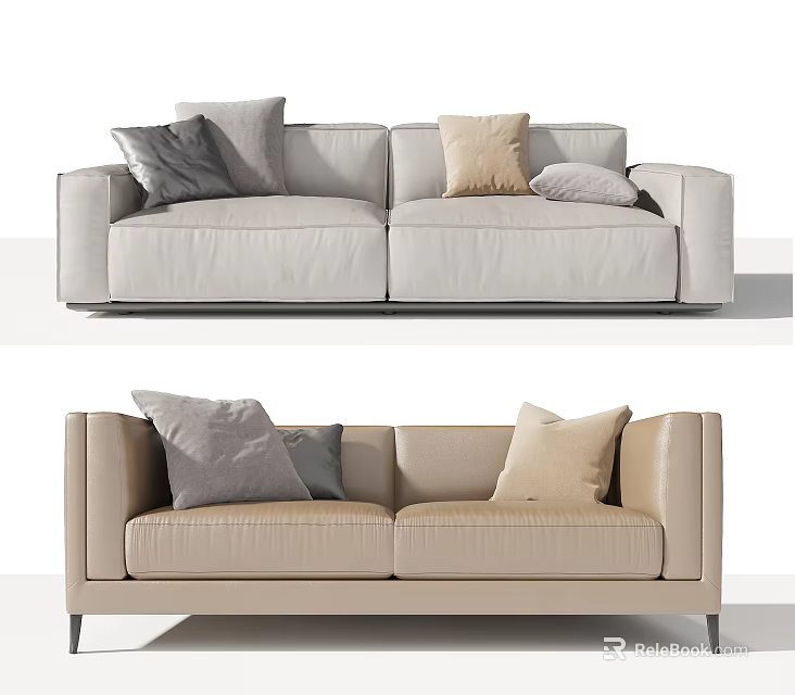 Modern Leather Two-seater Sofa In Light Gray And Beige With Decorative Pillows 3d model 