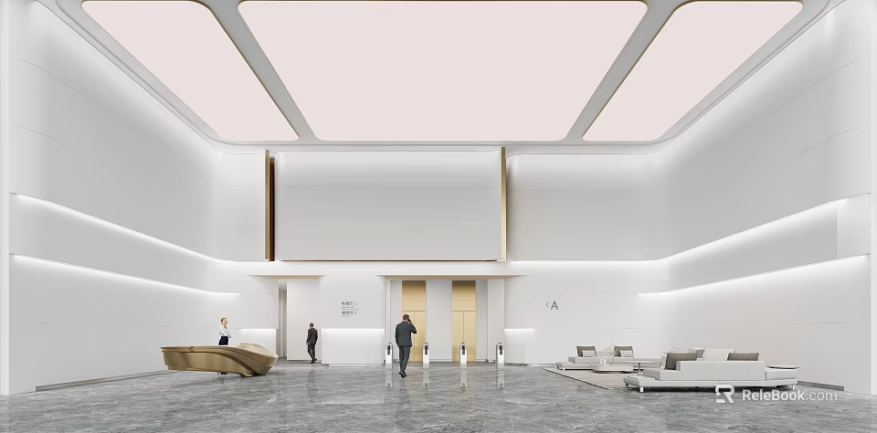 Modern Reception Desk Interior Design With Curved Counter Large Screen And Sofa Area 3d model 