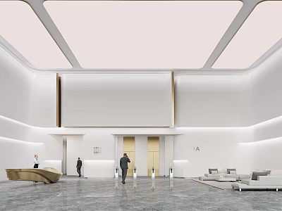 Modern Reception Desk Interior Design With Curved Counter Large Screen And Sofa Area 3d model