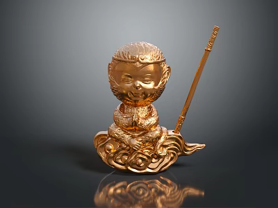 Decorative Golden Monkey Statue Holding Stick Sitting On Ornate Cloud Base 3d model