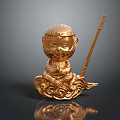 Decorative Golden Monkey Statue Holding Stick Sitting On Ornate Cloud Base