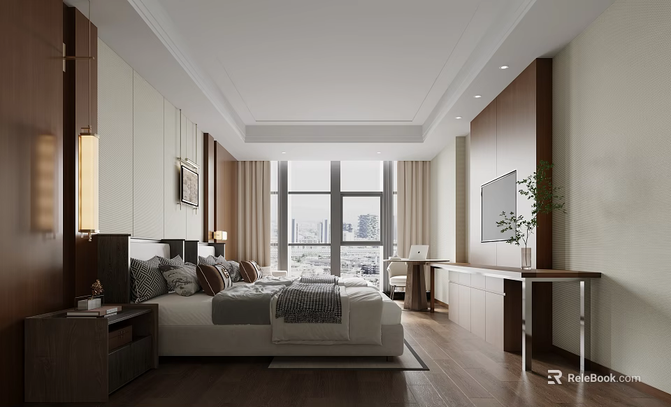 Spacious Modern Hotel Room Interior With King Bed And City View Window 3d model 