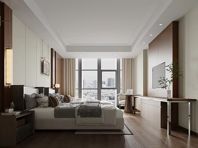 Spacious Modern Hotel Room Interior With King Bed And City View Window 3d model