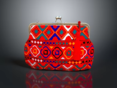 Elegant Red Clutch Bag With Vibrant Geometric Patterns And Tassel Decoration 3d model