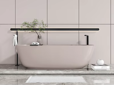 Modern Light Pink Bathtub With Light Gray Tiled Walls Black Linear Light And Green Plant 3d model