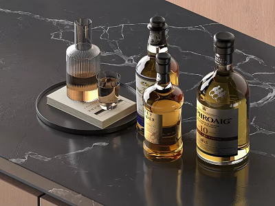 Wine Bottles And Glass On Black Marble Table With BOWMORE And Various Labels 3d model