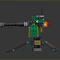 Green Mechanical Automatic Turret Weapon With Tripod Barrel Warning Stripes And Red Indicator Light 3d model