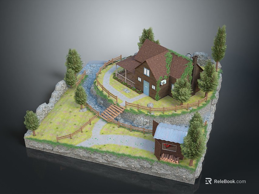 Scenic Natural Landscape With Wooden Cabin Stone Wall Flowing Stream Green Trees And Grass Path 3d model 