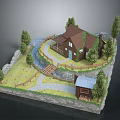 Scenic Natural Landscape With Wooden Cabin Stone Wall Flowing Stream Green Trees And Grass Path