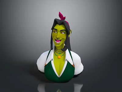 Green Skinned Character With Long Black Hair Red Bow Green Vest And Smiling Expression 3d model