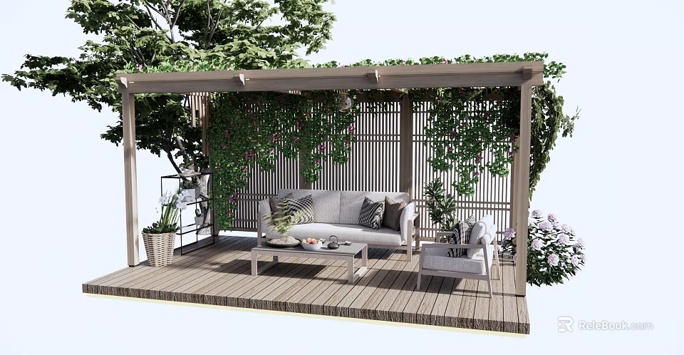 Garden Pergola With Climbing Greenery Wooden Deck Sofa And Coffee Table 3d model 