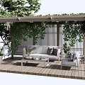 Garden Pergola With Climbing Greenery Wooden Deck Sofa And Coffee Table