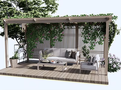 Garden Pergola With Climbing Greenery Wooden Deck Sofa And Coffee Table 3d model