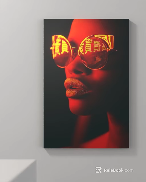Portrait of a Figure With Round Glasses Yellow Chinese Characters Yellow Lips and Red Background 3d model 