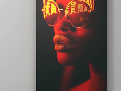 Portrait of a Figure With Round Glasses Yellow Chinese Characters Yellow Lips and Red Background 3d model