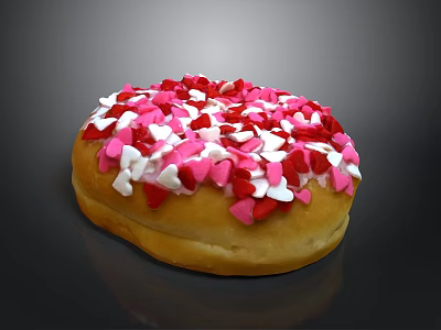 Delicious Donut Topped with Pink Frosting and Red White Heart Shaped Sprinkles 3d model