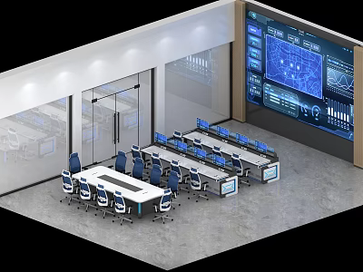 Professional Monitoring Control Room Featuring Large Screens Data Charts And Control Desks With Ergonomic Chairs 3d model