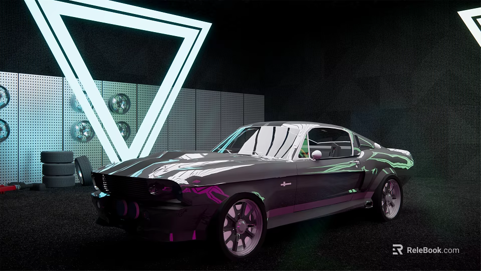 Sleek Silver Gray Sports Car With Neon Triangle Lighting In Modern 3d model 