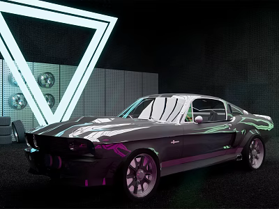 Sleek Silver Gray Sports Car With Neon Triangle Lighting In Modern 3d model