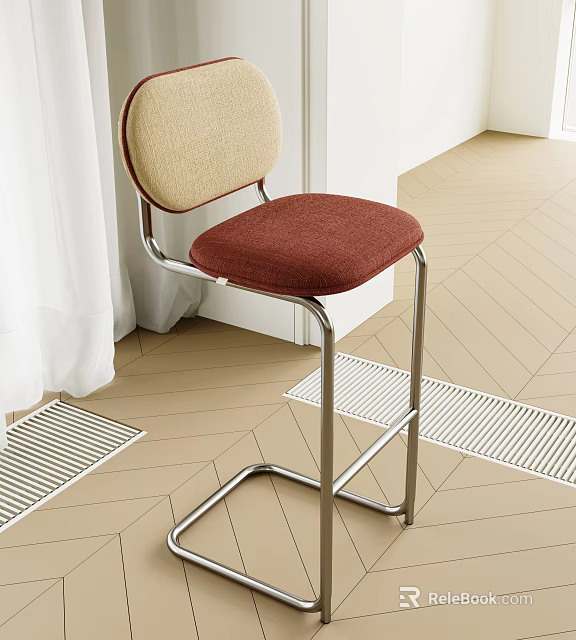 Modern Upholstered Bar Stool With Beige Red Seat And Metal Frame In Interior Space 3d model 
