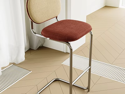 Modern Upholstered Bar Stool With Beige Red Seat And Metal Frame In Interior Space 3d model