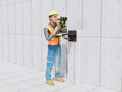 Worker Operating Industrial Measuring Equipment In Safety Gear With Concrete Wall And Industrial Site 3d model