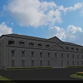Modern Gray Office Building Exterior With Landscaped Lawn Flower Beds And Blue Sky Clouds